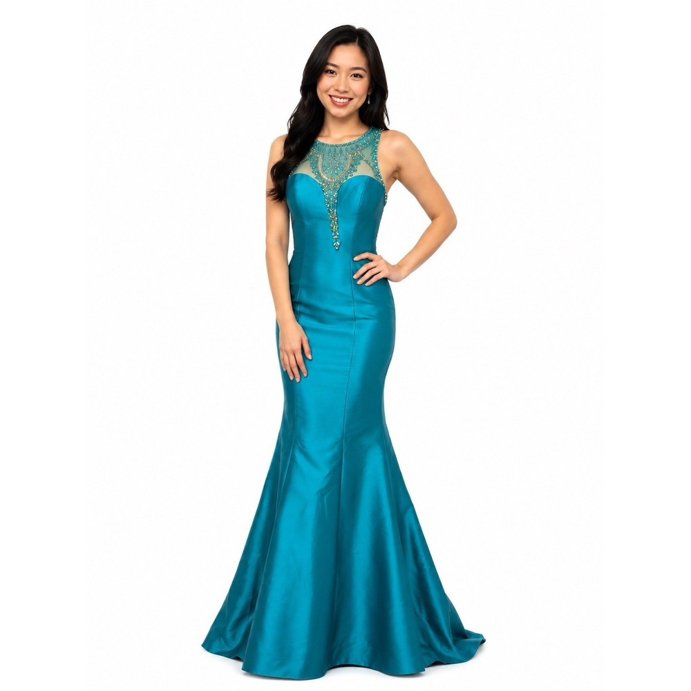Studio 17 prom ball gown sz 8 Mermaid beading blue turquo open back high neck